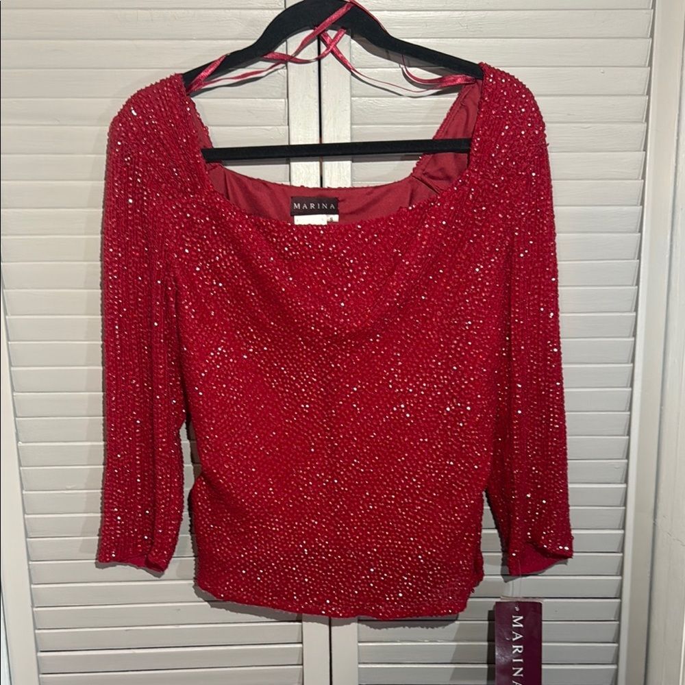MARINA Sparkling Red Beaded Blouse